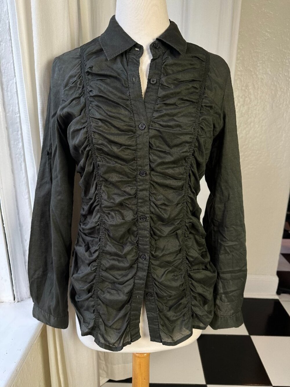 Calvin Klein Women’s Ruched Button Front Shirt Olive Green Cotton Size S